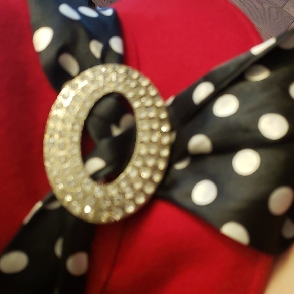 ?red wool hat with scarf & broche. main image 4